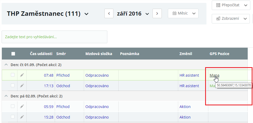 Obr. 19: Průchody a akce – GPS